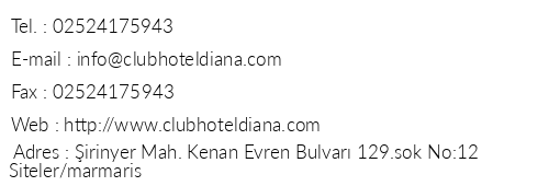 Club Hotel Diana telefon numaralar, faks, e-mail, posta adresi ve iletiim bilgileri